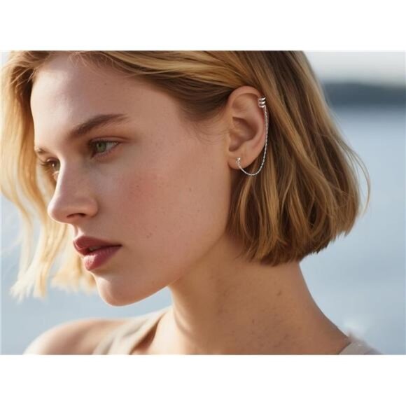 925 Sterling Silver Cuff Earrings Chain for Women Crawler Earrings Studs - Picture 2 of 7